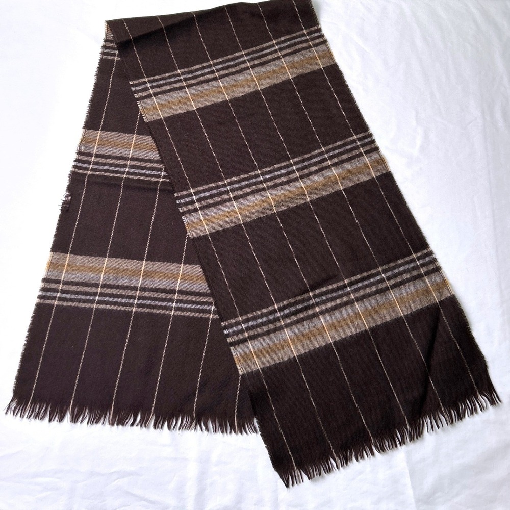 Christian Dior Mens Vintage Plaid Merino Wool Scarf Brown OS Designer Luxury